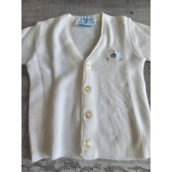 Vintage Julius Berger Baby White Button Up Sweater Cardigan  Baby Blue Bird NB - Picture 4 of 9